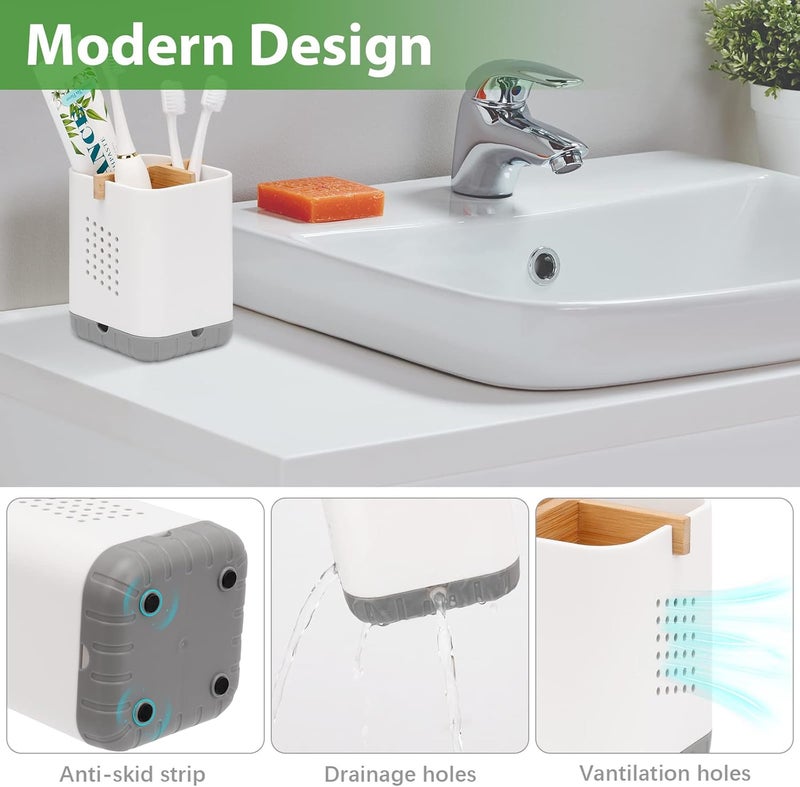 Boperzi Toothbrush and Toothpaste Holder with Bamboo Divider for Bathroom Countertop Organizer, Plastic Detachable Anti-Slip Large Electric Toothbrush Holders Storage Caddy Drainage for Family, Kids - Image 4